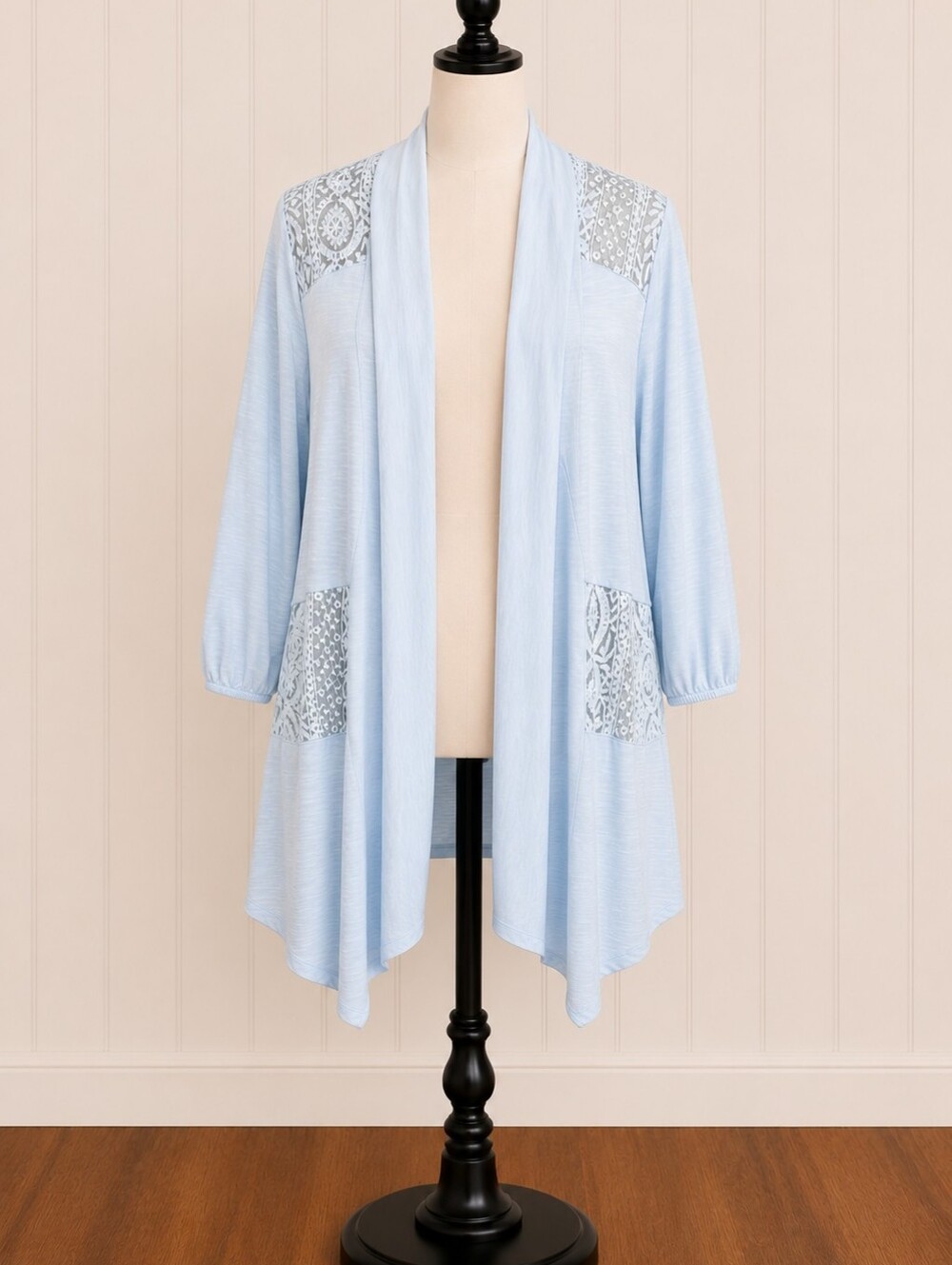 Simply Noelle Lace Trim Open-Front Blue Cardigan
